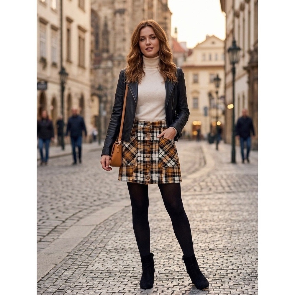 Maeve Anthropologie Plaid Button Front Mini Skirt Mustard Yellow Tweed Size 4